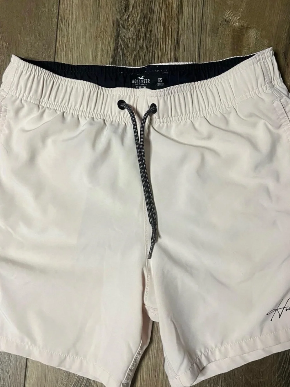 Hollister Men’s Pale Pink Swim Trunks with Black Drawstring
